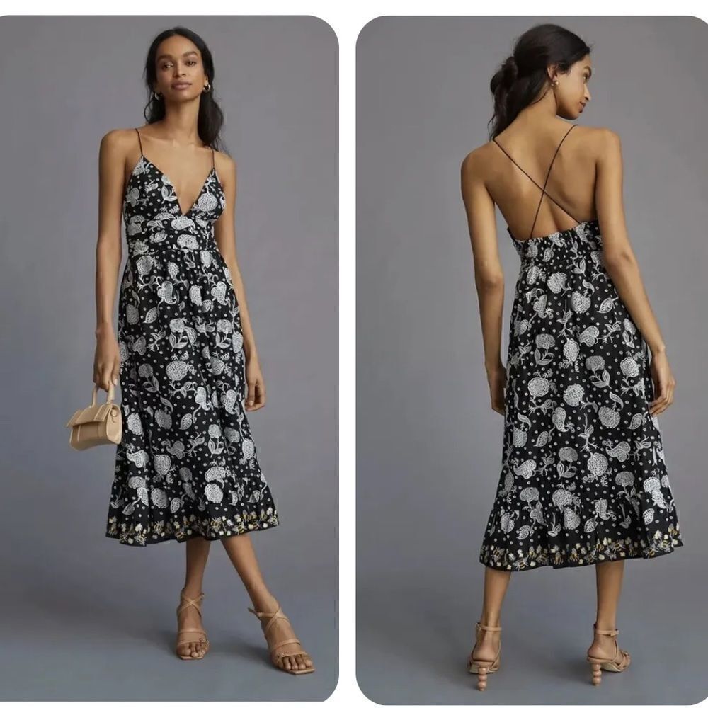 Anthropologie Maeve Embroidered Midi Dress Boho Floral Pockets XXS